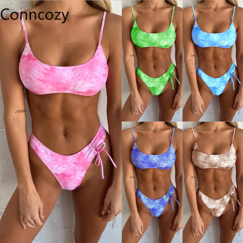 

Swimsuit Women 2021 New Sexy Tube Top High-fork Trousers Swimsuit Tie-dye Printed Swimwear Push Up Bikini Set Bathing Suit Women