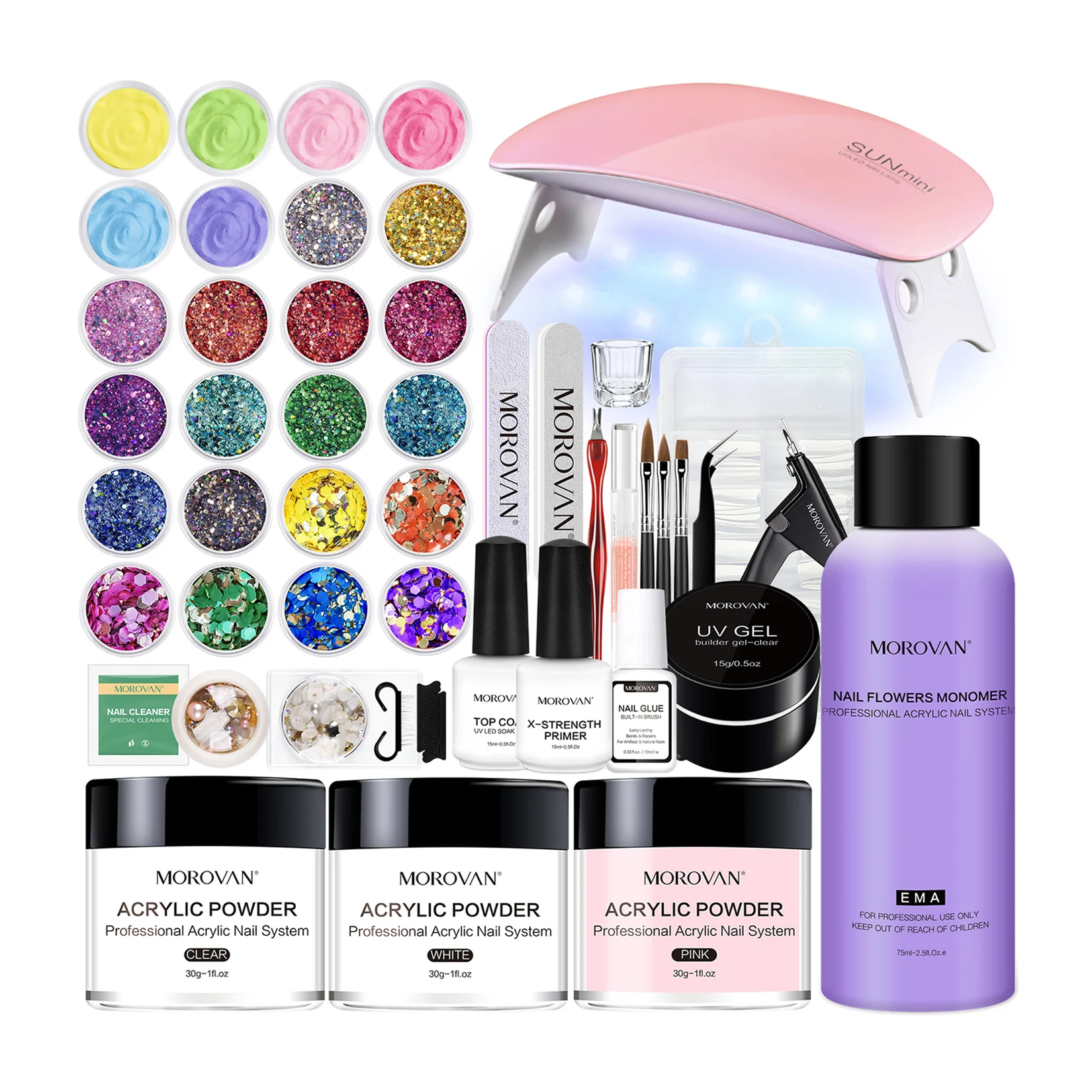 

Acrylic Nail Kit - Acrylic Powder and Nail Liquid Monomer Set Glitter Powder Nail Art Sequins Set Primer Nail with Nail Lamp