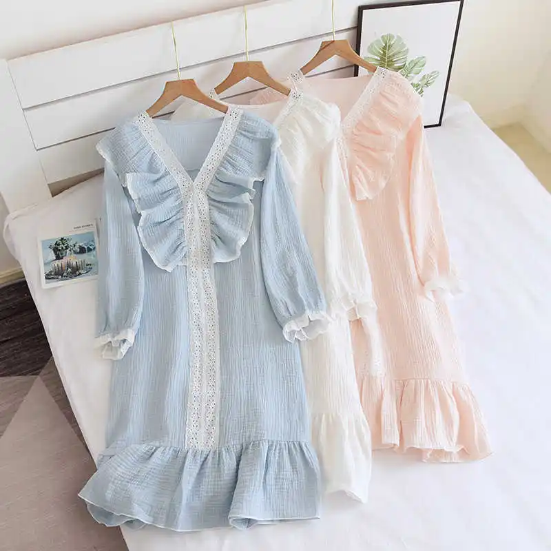 

Japanese Nightdress Princess Style Long Skirt Female Spring and Summer Long-sleeved Thin Cotton Sweet Lace Home Dress