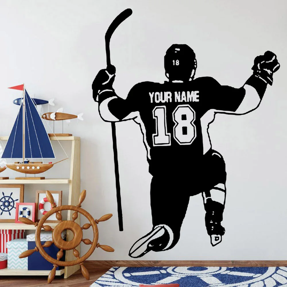 Hockey Player Wall Decals Personalized Name and Number Boys Room Decoration Vinyl Wall Stickers School Dormitory Art Decor Y992