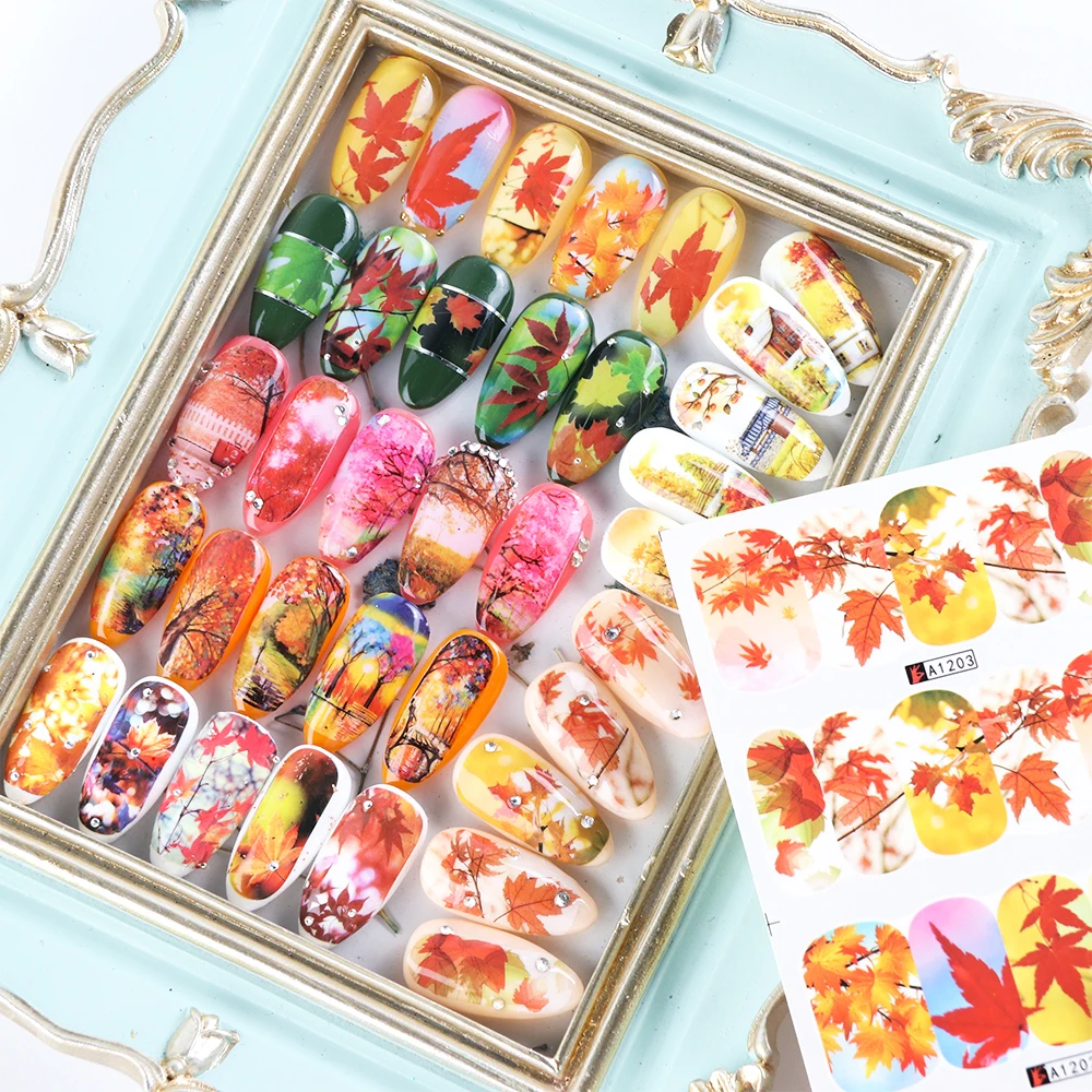 12 шт. осенние наклейки в виде листьев для ногтей Золотая осень кленовый слайдер
