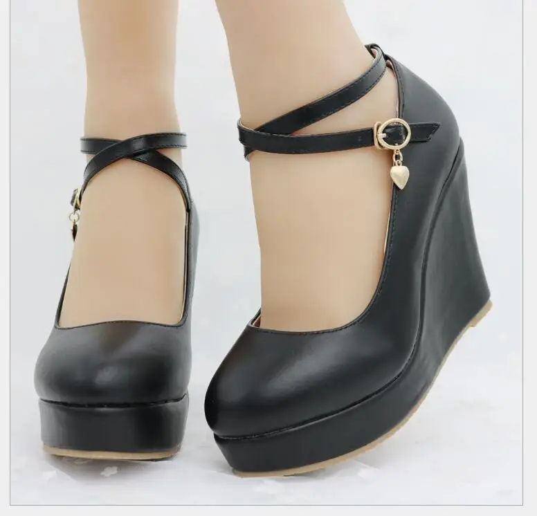

Sexy White Platform Wedges Shoes Pumps Women High Heels Platform Shoes Round Toe Wedges Pumps Cross Tie Wedges Heels Large size