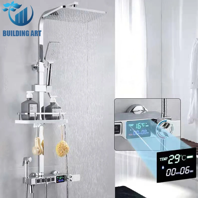 

Black Thermostatic Shower Sets Faucet Digital Display Function Bathroom Faucet Showers Mixer Bidet Faucets Hydropower No Battery