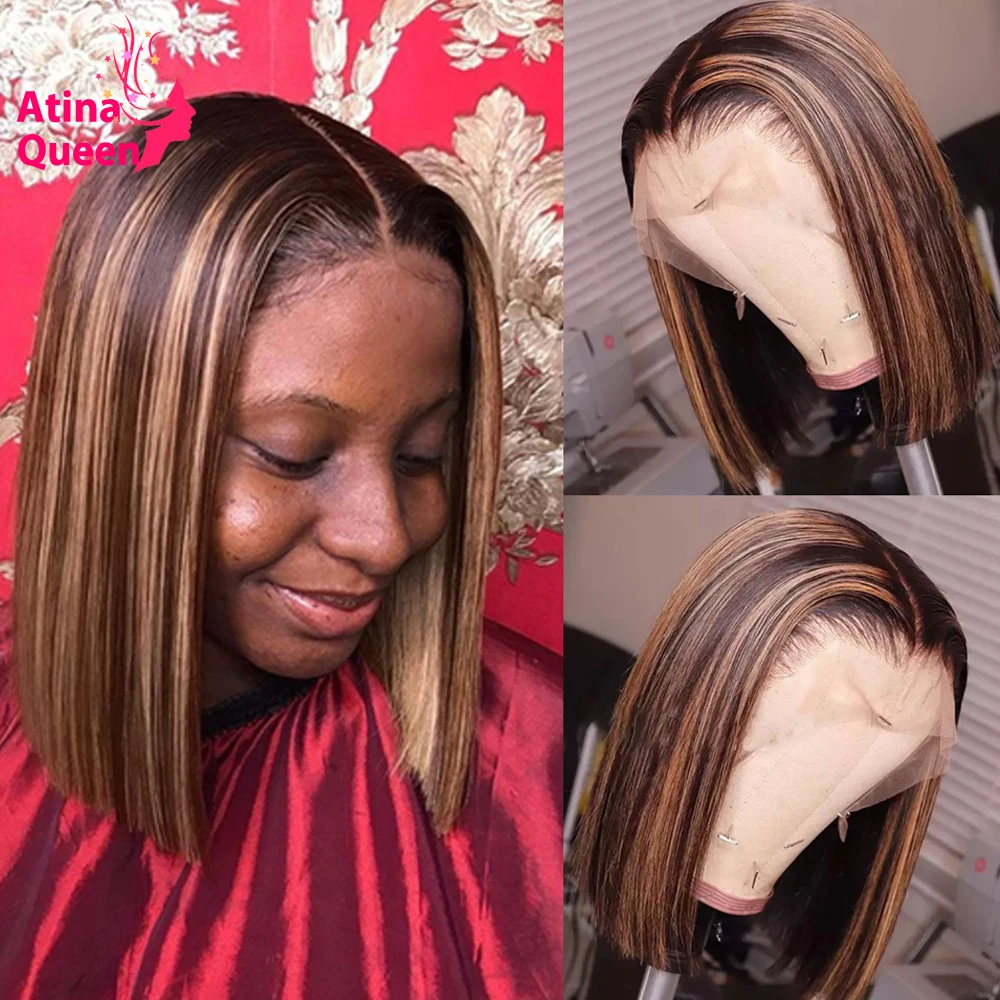 Стрижка Пикси короткие Боб человеческих волос парики 13x6 Выделите Мёд блондинка