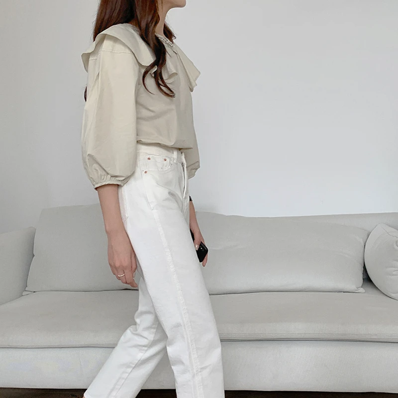 

New 2021 Summer Autunm Women's Blouse Shirts Ruffle Puff Sleeve Korean Style Sweet Wild Vintage Lady Short Top