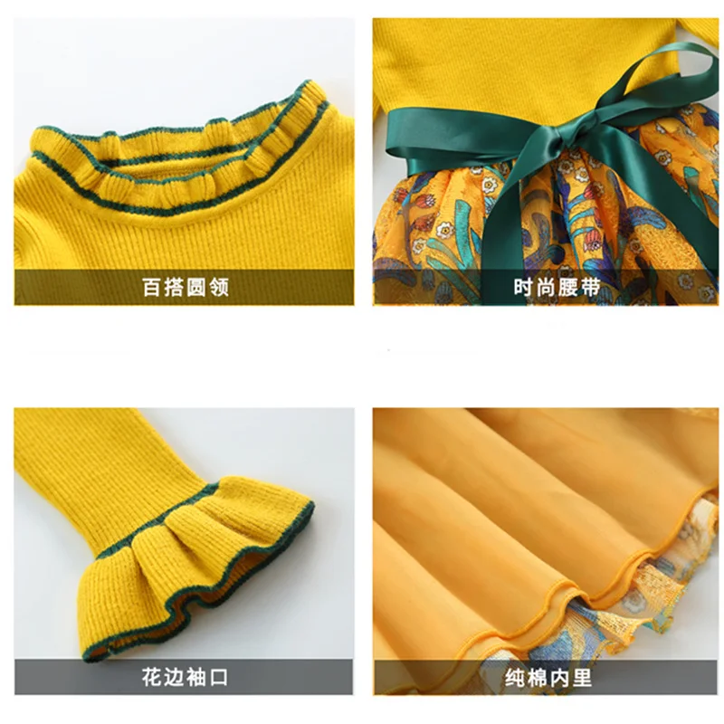 

Girls Dress Floral Pattern Girls Knitted Dress Casual Patchwork Children Party Dress Winter Kids Girl Clothes 4 5 7 9 11 13 Year