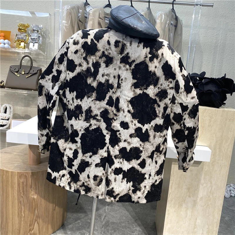 

Brand Original Design 2021 Leopard Print Cow Print Versatile Shirt Retro Temperament Minority Loose Drape Medium Length Coat