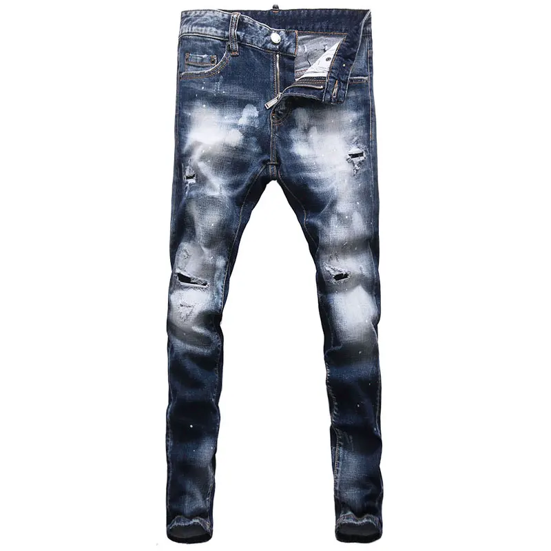 European Vintage Fashion Men Jeans Retro Blue Elastic Slim Fit Ripped Jeans Men Plain Wash Destroyed Hip Hop Denim Punk Pants