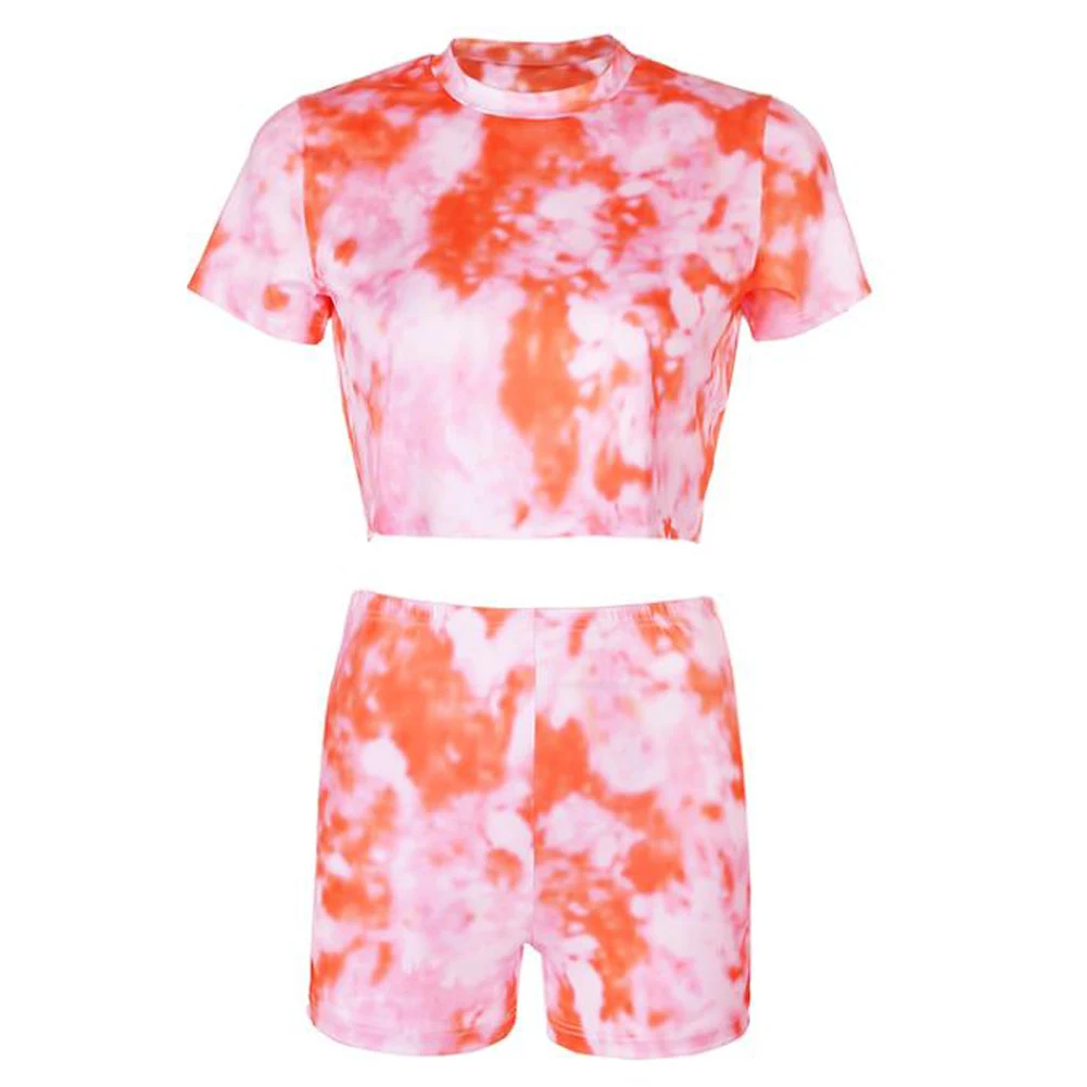 

Womens Short Sleeve T-shirt Shorts Suit Fashion Tie-dye Exposed Navel Top and Elastic High-waist Pants Tracksuits
