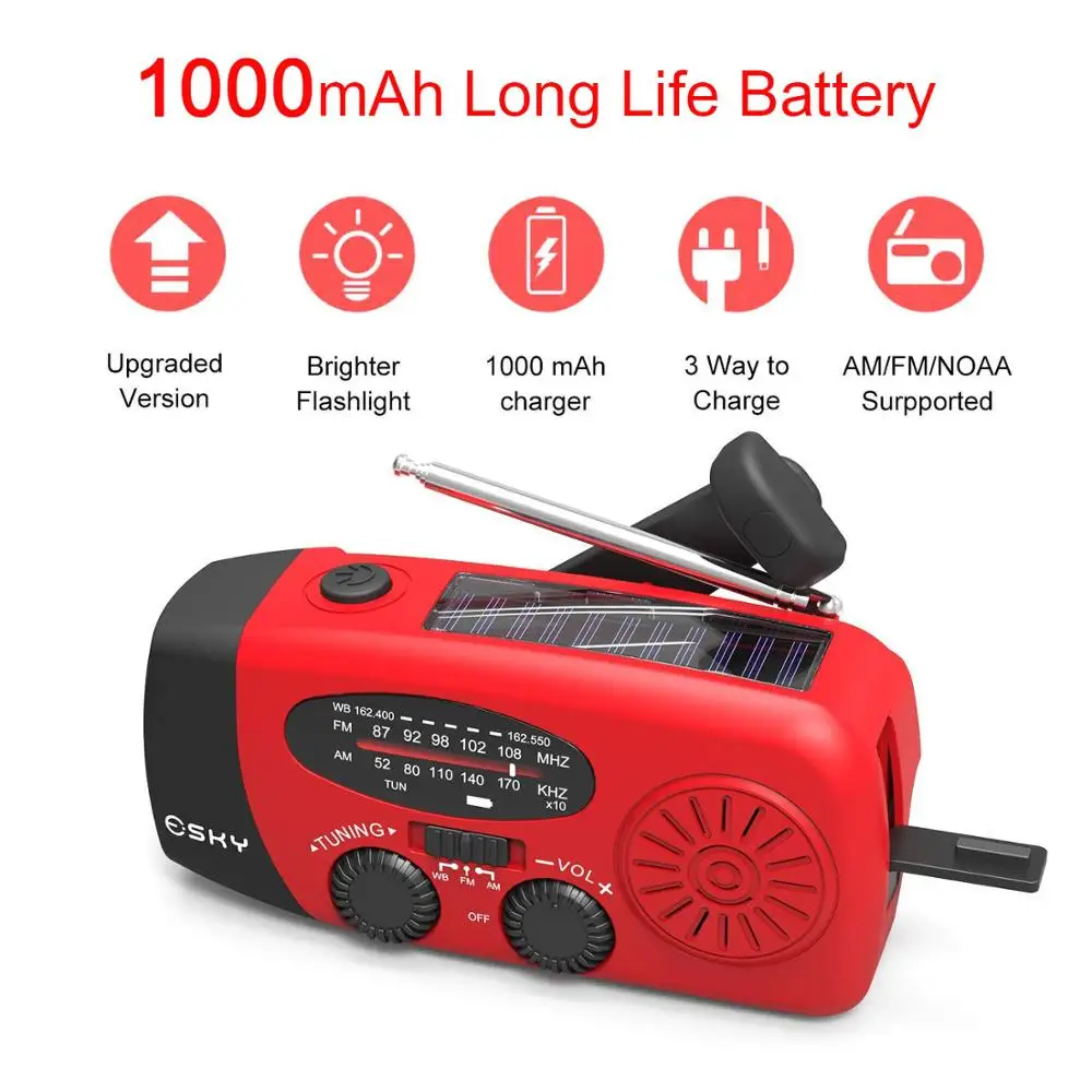 Портативный аварийного FM радио 1000 мА/ч, Мощность банк рукоятка автономным питанием Мощность ed AM/FM радио Ручной солнечные радио с 3 светодиодный фонарик