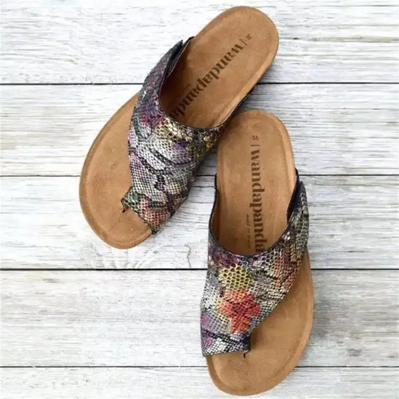 

New Women's Shoes Fashion Casual Color PU Printed Snake Print Toe Ring Flat Heel Comfortable Summer All-match Sandals 7KG116