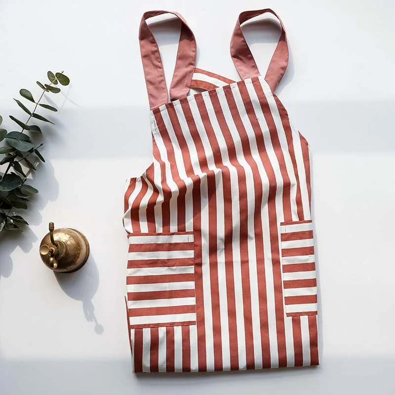 stripe red Полосатый кухонный фартук в горошек для ресторана, дома и кухни для карманного приготовления пищи хлопковый льняной водонепроницаемый фартук для столовой барбекю саронг - Цвет: stripe red