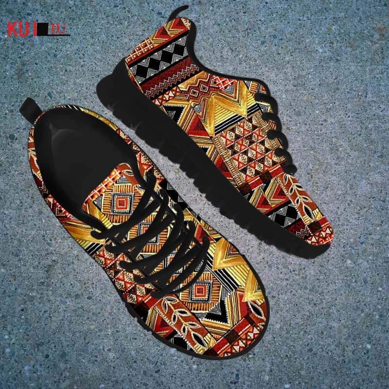 

KUILIU Women's Breathable Nurse Flat Shoes Harajuku Style Vintage African Printing Brand Design Female Lace Up Footwear POD