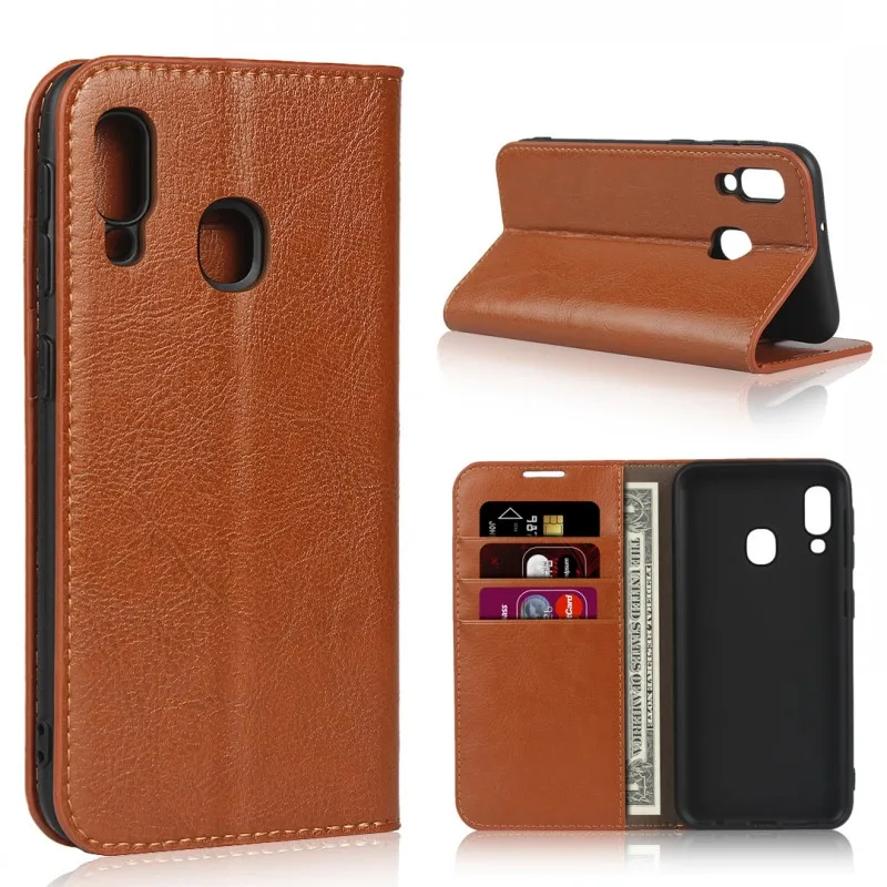 Light Brown Luxury Real Genuine Leather Wallet Case For Samsung Galaxy A20e A10 A20 A30 A40 A50 A60 Flip Cover Card Slot Stand Case - Цвет: Light Brown