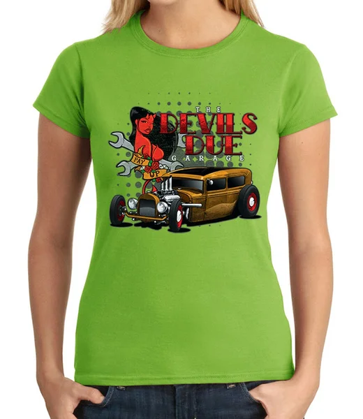 

Hot Rod Devils Due Garage JUNIOR'S T-shirt Devil Vintage Car GIRL'S Tee - 2184C
