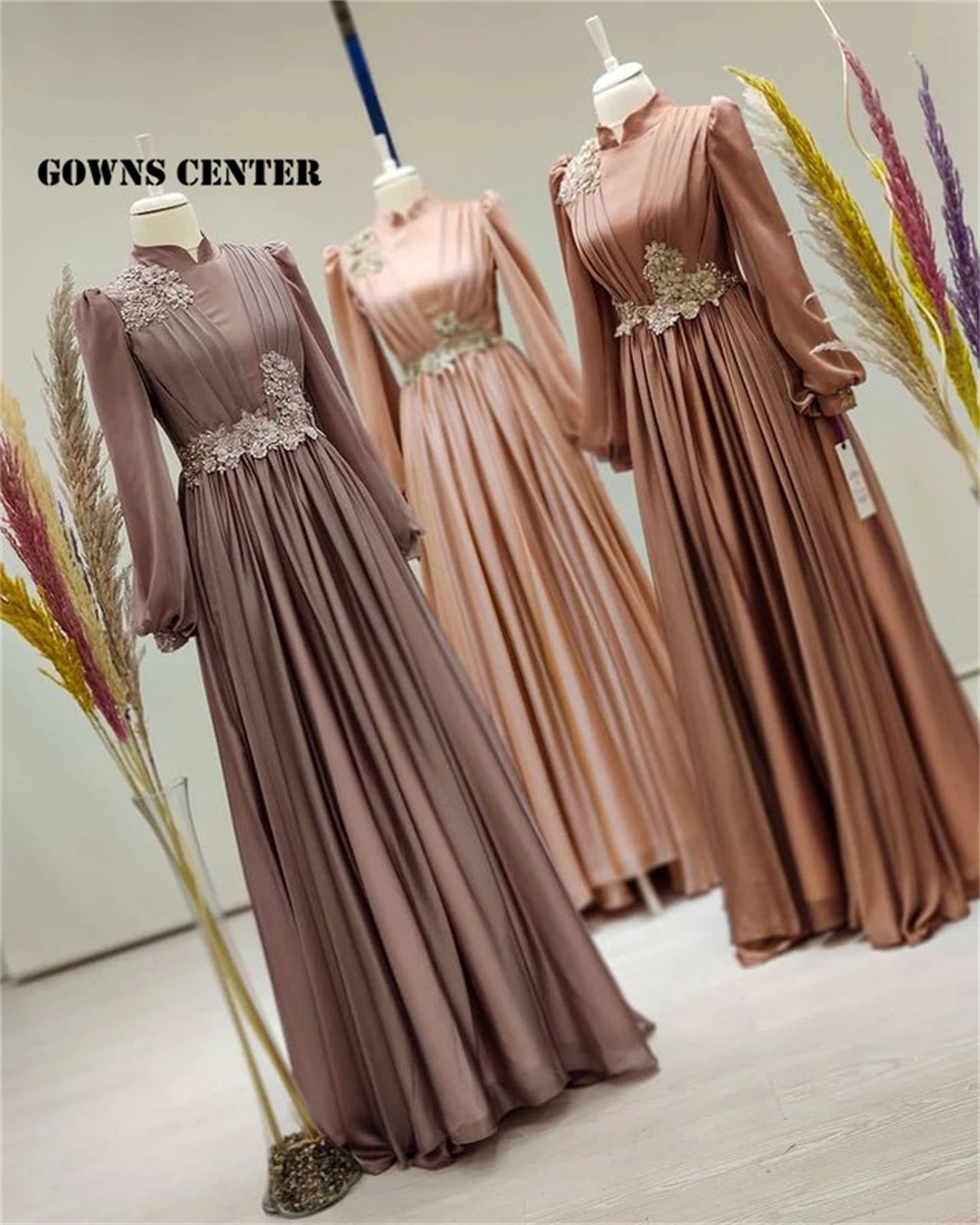 

Dubai Muslim Evening Dress Long Sleeves Turkey Formal Gown Party Beaded Prom Dress A Line Dinner Gowns