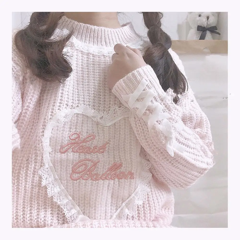 Lolita Cute Girl's Cashmere Long Sweater Japanese Warm Knit Pullover Dress Kawaii Heart Lace Patchwork Women Black Pink Jumper | Женская