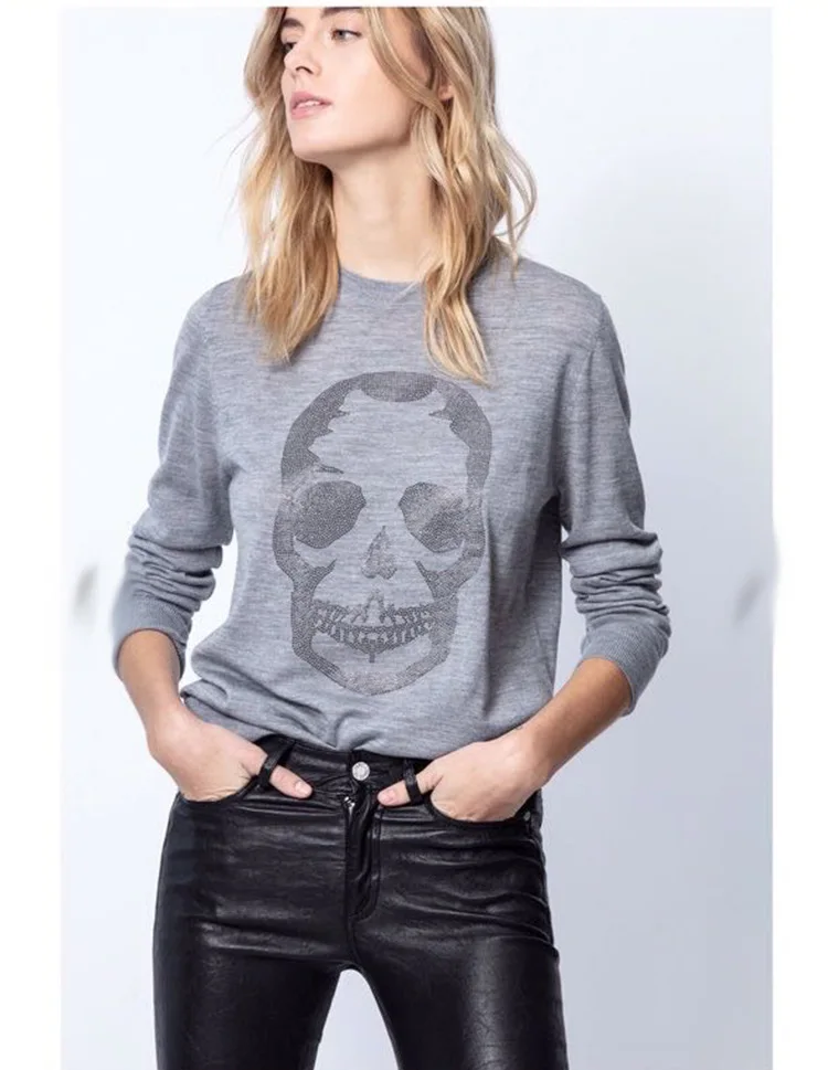 Women Sweater 2020 Autumn and Winter New Personality Skull Pattern Hot Drill Round Neck Cashmere Pullover 100% Cashmere