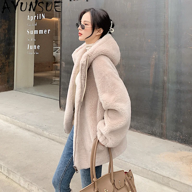 Шуба из натуральной овчины Женское зимнее шерстяное пальто с капюшоном женские