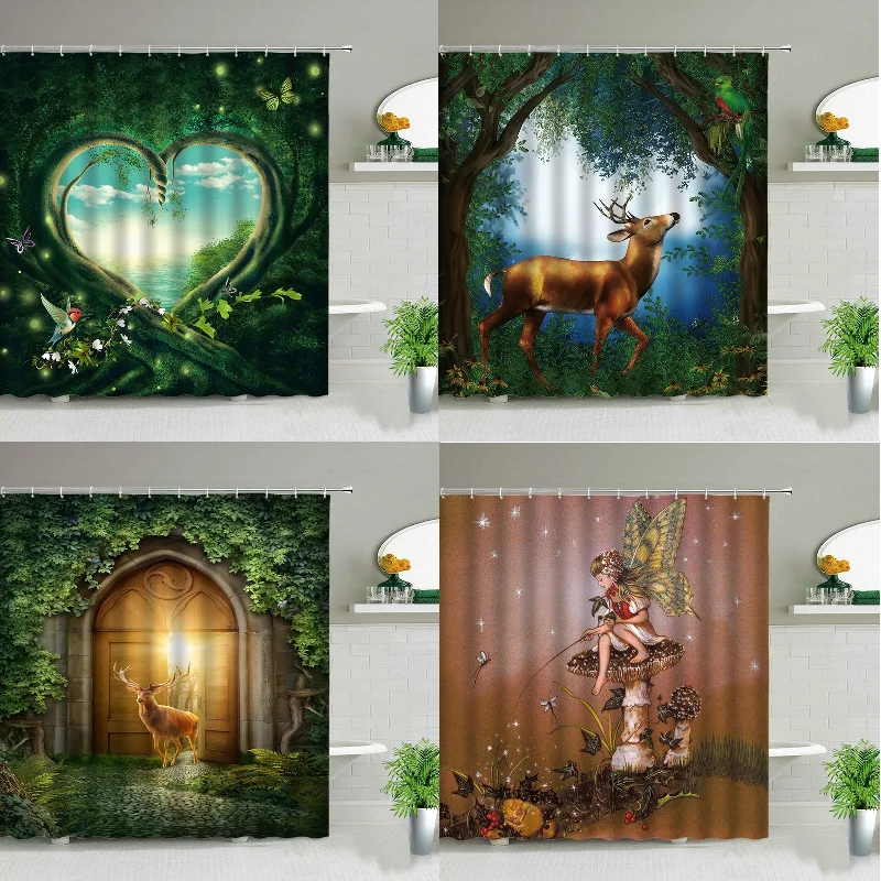 

Новая занавеска в стиле Фэнтези с изображением леса и оленей, занавеска для ванной комнаты, занавеска для душа, занавеска для душа, занавеск...