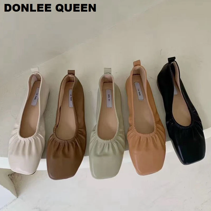 Балетки женские плиссированные с квадратным носком мягкие повседневные лоферы