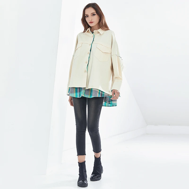

TWOTWINSTYLE Beige Jacket For Women Lapel Long Sleeve Patchwork Plaid Casual Loose Korean Coats Female 2020 Fashion New Clothing