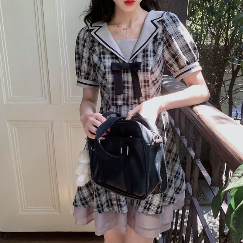 

Retro High Waist Plaid Dress Women French Sailor Collar Cute Ruffle Fairy Dress Summer Casual Club Kawaii Gothic Dress 2021 Y2k