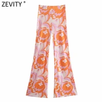 zevity women fashion fresh color totem floral print slim flare pants retro female chic elastic waist summer long trousers p1118