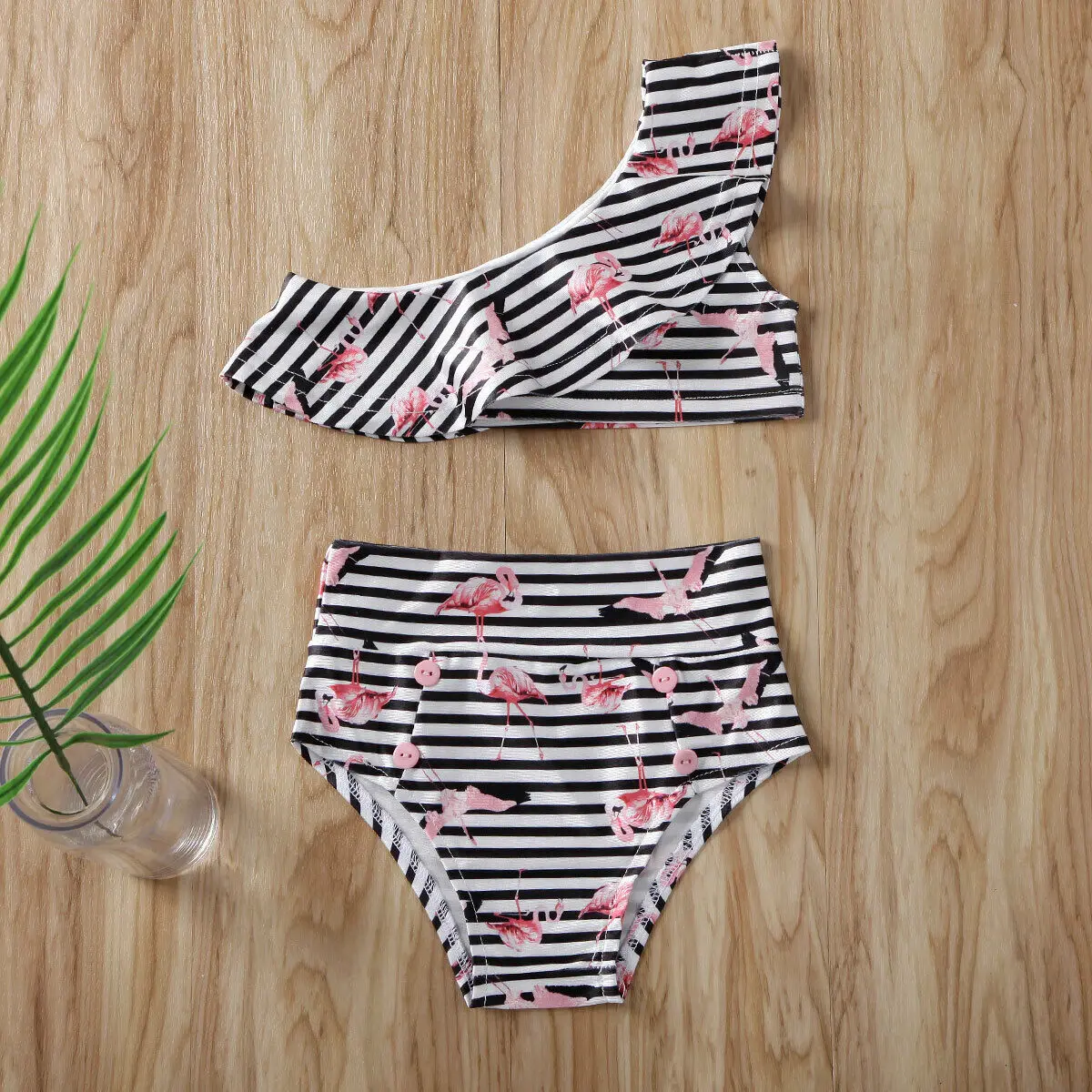 0-4T Toddler Baby Girls Kid Stripe One Shoulder Tops + Shorts Swimsuit Swimwear Flamingo Swimming Outfit | Мать и ребенок