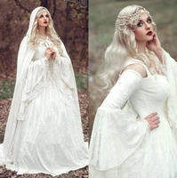vintage gothic white lace ball gown wedding dresses with cloak plus size flare long sleeve celtic medieval princess bridal dress