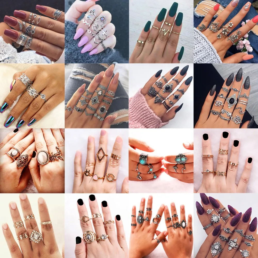 16 стилей винтажные кольца на костяшки для женщин кольцо с цветочным кристаллом в