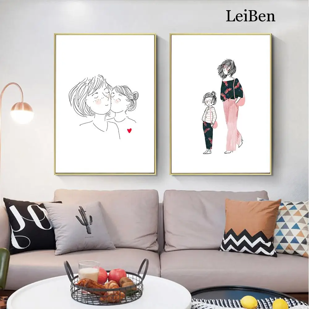 

Abstract Line Canvas Painting Warm Mother and Daughter Poster Nordic Minimalist Wall Art Picture Home Decoration Living Room
