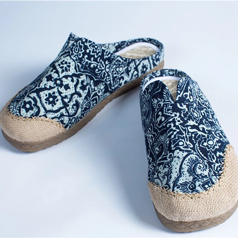 Unisex Handmade Fisherman shoes Comfortable Linen Loafers Zapatillas Blue Porcelain Floral Casual Breathable Flats Sapatos
