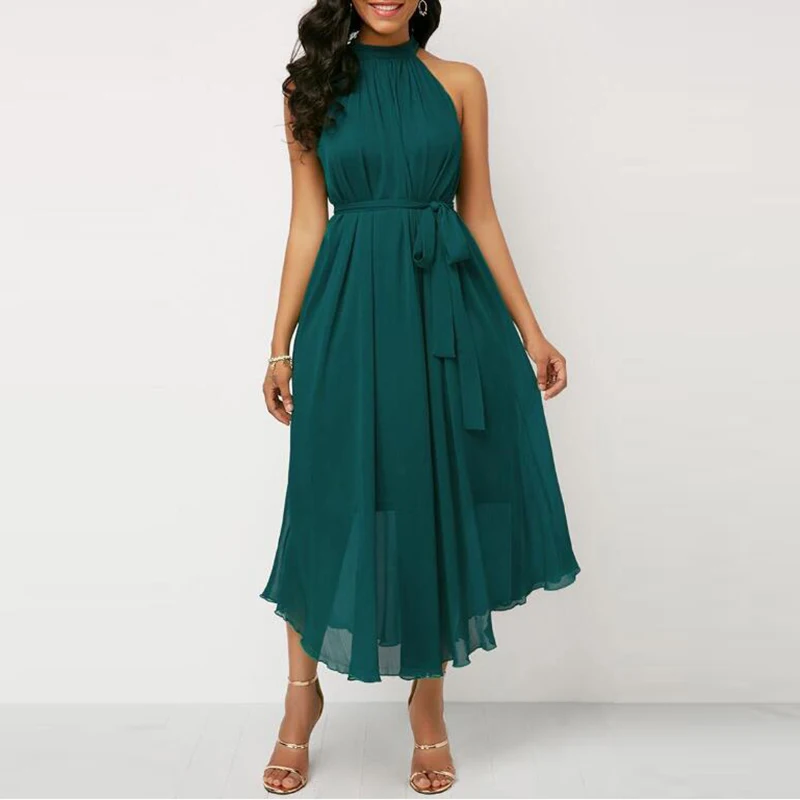 

Midnight Green Chiffon Ankle Length Mother of the Groom Dresses Sleeveless Halter Neck Wedding Guest Gowns On Sale