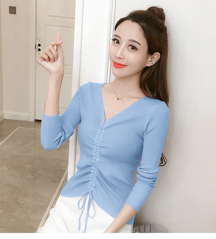 

Autumn Women's Knitted Bottoming Shirt V-neck Slim Women's Pullover Sweater Drawstring Top Women Sweater Korean Girls