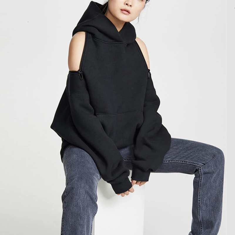 Черные женские толстовки с капюшоном и длинным рукавом свитшот на молнии