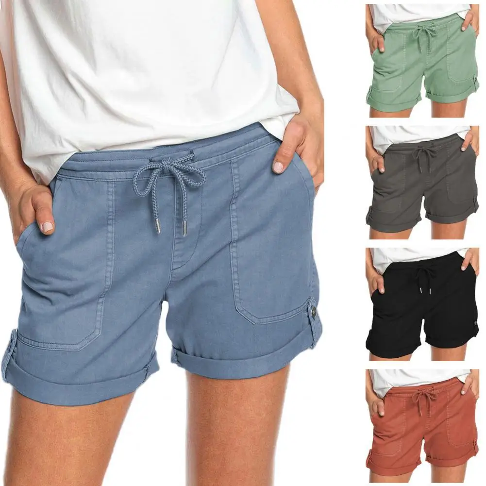 

Shorts Mid Rise Solid Color Women Drawstring Pockets Short Pants for Summer шорты женский 2021 S-2XL