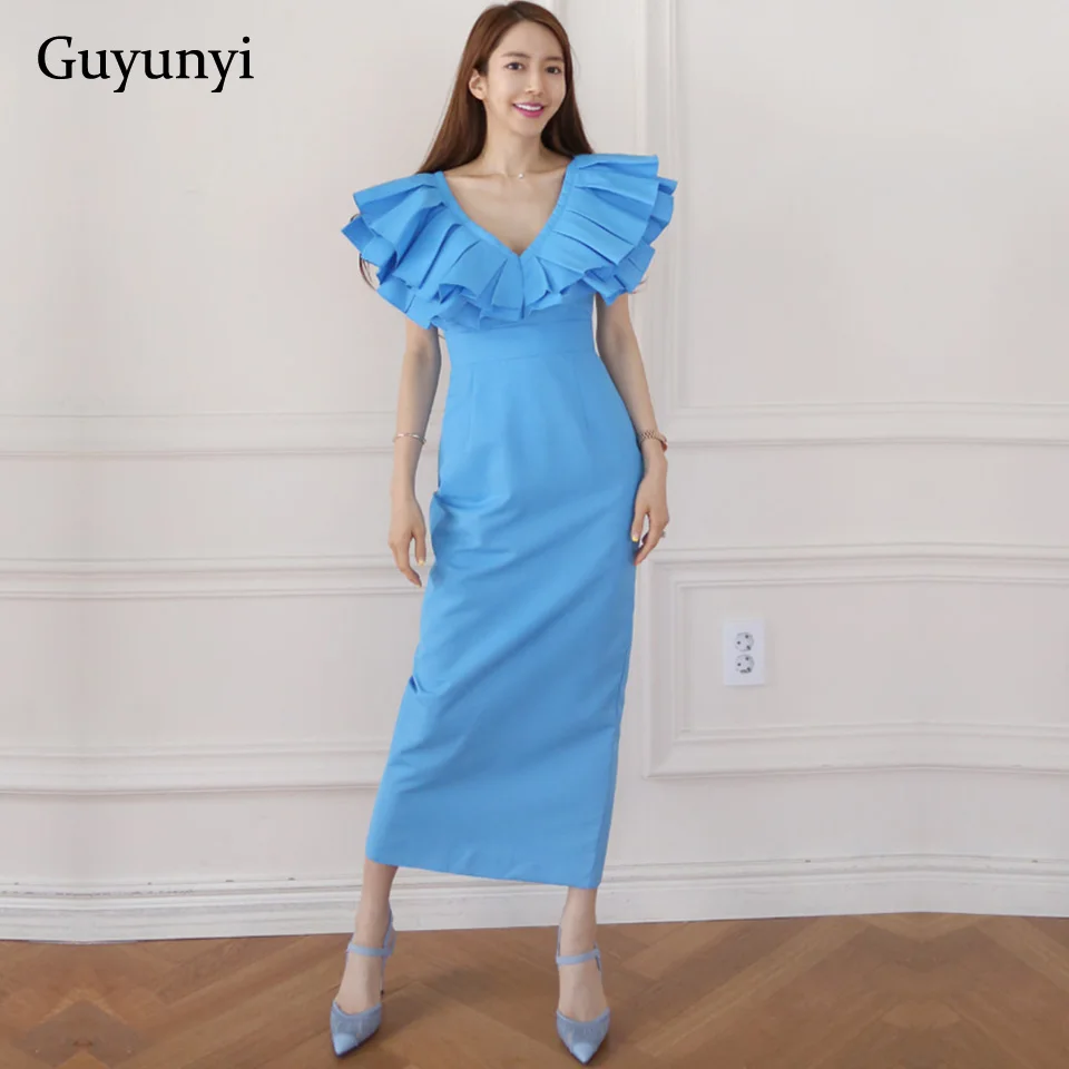 

Женское вечернее платье с оборками, Элегантное синее облегающее платье с V-образным вырезом и высокой талией, лето 2022