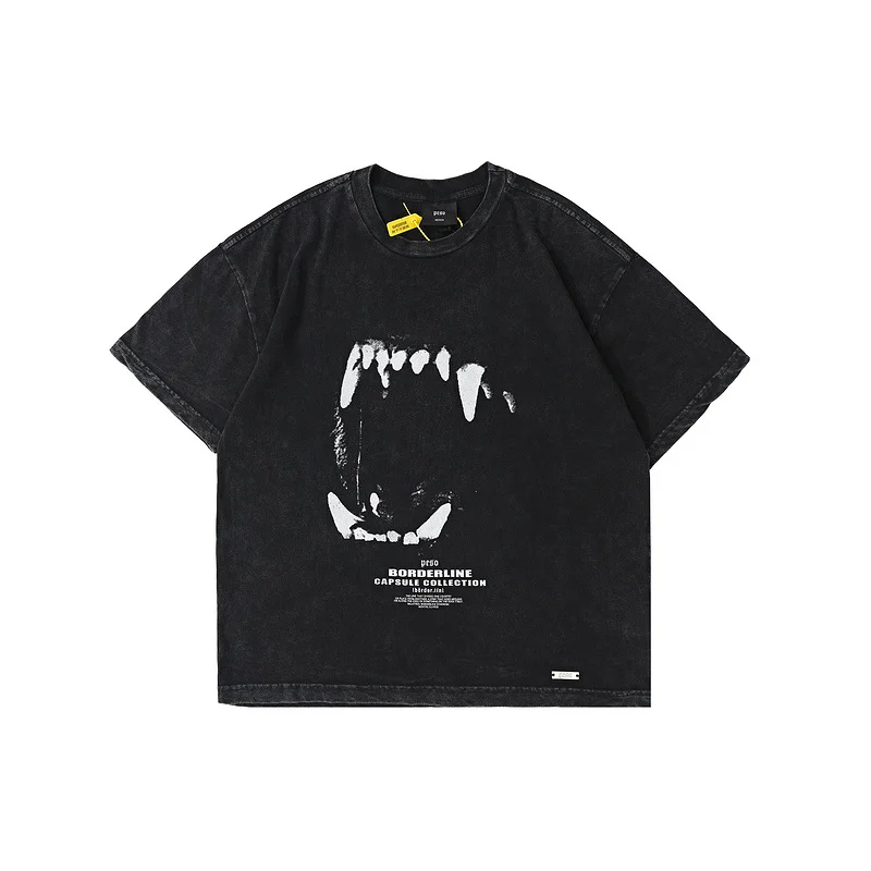 

brand American street peso wash old retro hip hop T-shirt men's short sleeve wolf teeth printed high street oversize T-shirt