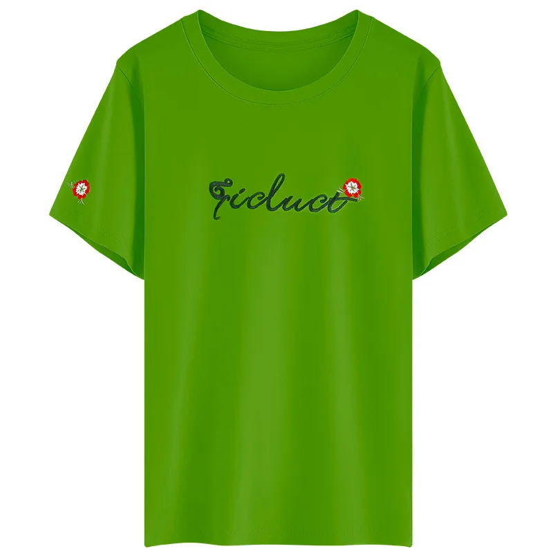 

Fashion Women's T-shirts 2021 Cotton Ladies Loose Embroidery O Neck All-match Green Half Sleeve T-shirt Summer Clothes for Women