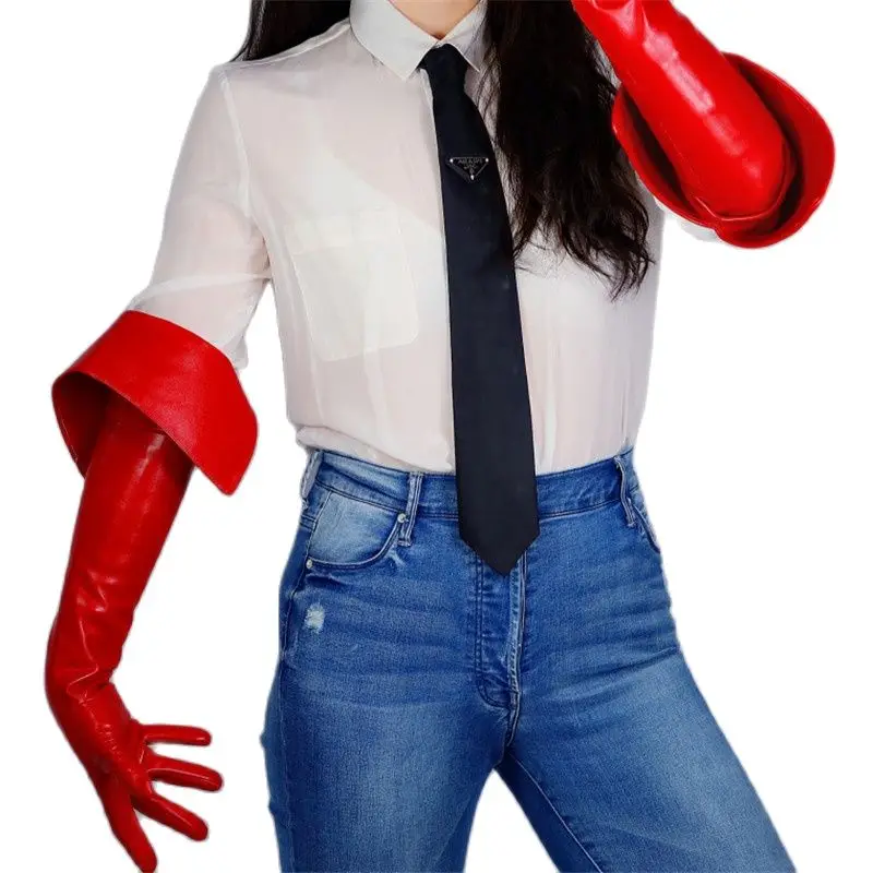 

Long Leather Gloves 65cm Eversion Double Layer Big Cut Extra Long Red Simulation Leather Touchscreen Women Gloves PU173