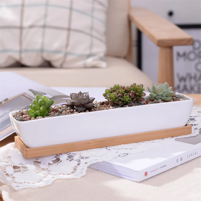 1 Set Minimalist Ship Shape White Ceramic Succulent Plant Pot Bonsai Planter Porcelain Flower with Bamboo Tray Home Decor | Дом и сад