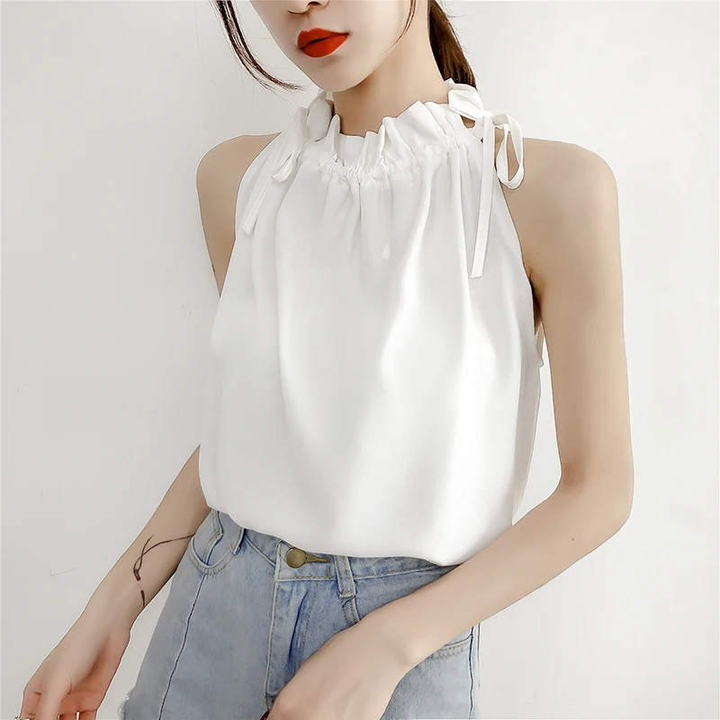 

Sexy Off Shoulder 2020 Summer Blusa Feminina Elegant White Sleeveless Women Blouse Casual Chiffon Solid Color Shirts