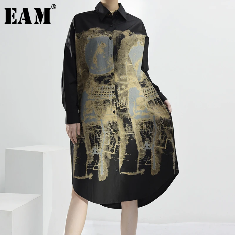 Женское платье с принтом EAM черное Свободное длинными рукавами и отложным