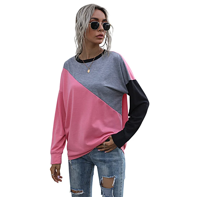 

2020 Autumn / Winter New Sweater Loose Color Matching Trend Retro European And American Pink Pullover Round Neck Women's Sweater