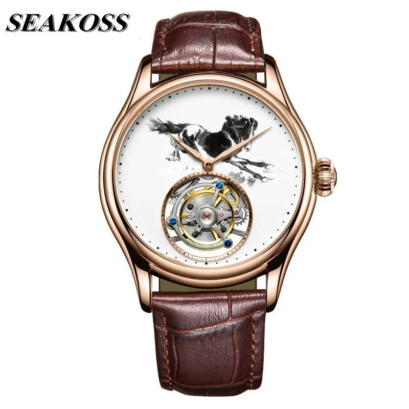 

Top Zodiac Horse Mens Tourbillon Mechanical Watch Waterproof 5ATM Genuine Leather Band Men Tourbillon Watches Free Print LOGO