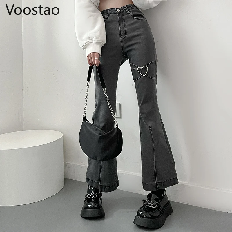 Брюки-клеш Женские джинсовые с завышенной талией и металлической пряжкой |