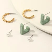 2021 new korean fashion geometry earrings set acrylic pearl gold metal v shape twist beads stud earrings jewelry for women girls