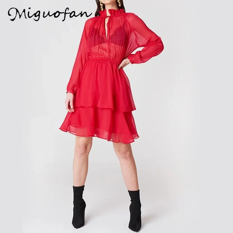 Женское шифоновое платье Miguofan прозрачное ажурное с высоким воротником и длинным
