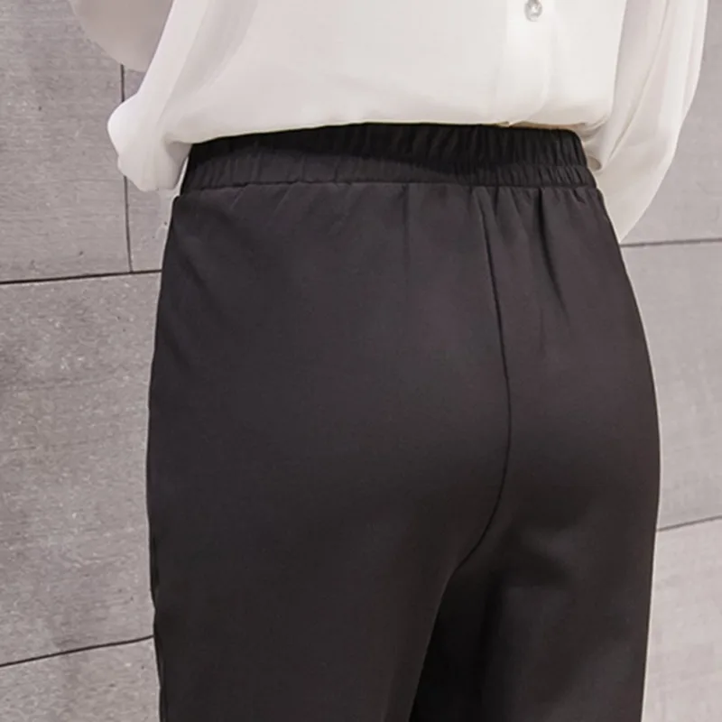 

Female Solid Casual Pencil Pants Women Black Suit Pants Elegant High Waist Pockets Office Lady Trousers